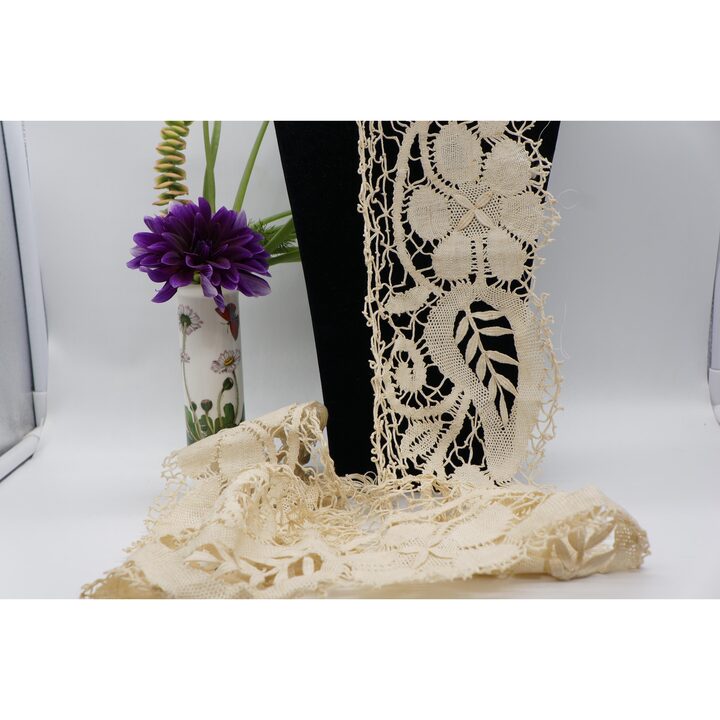 Dentelle aux Fuseaux Ancienne, Galon Art Deco Fait Main en Lin, 14x110 cm, 1920