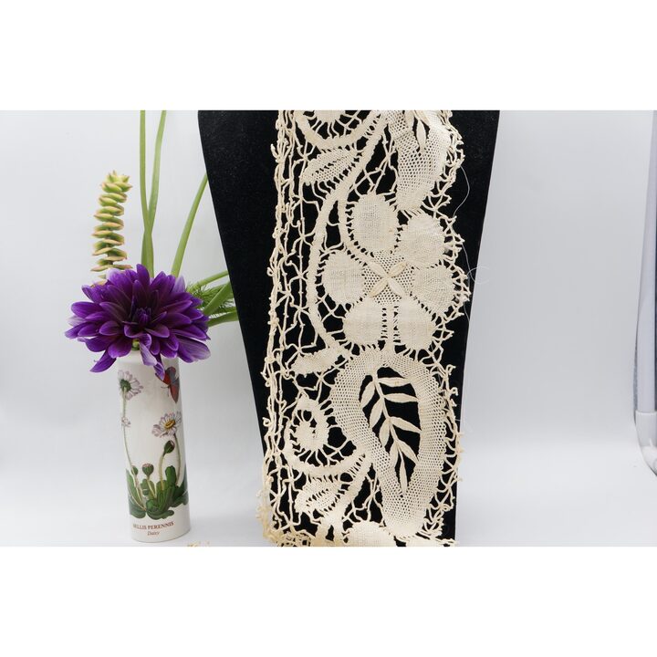 Dentelle aux Fuseaux Ancienne, Galon Art Deco Fait Main en Lin, 14x110 cm, 1920