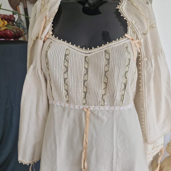 Completo Notte Vintage Camicia da Notte e Giacchino, Lingerie Crepe Merletto Fatto a Mano 1960, Vestaglia Plisse Crema, Taglia S
