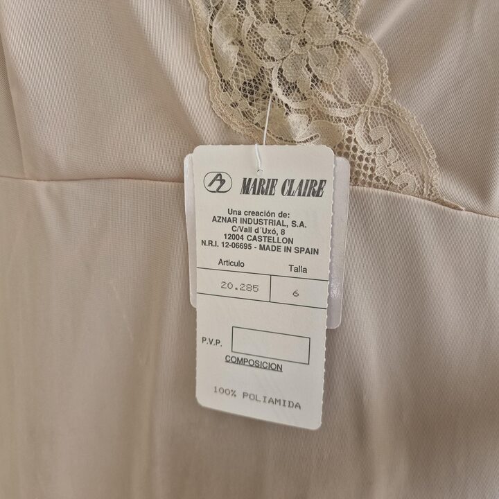 Vintage Slip Dress Undergarment Marie Claire 1980s Beige Polyamide Anti Static Lace Trim Spain Talla 6 Large L XL