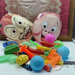 Vintage Kiosk Toys Lot, Retro Carnival Prizes Collection, Set of 25 Pieces with Cardboard Masks, Plastic Pistols and Whistles,…