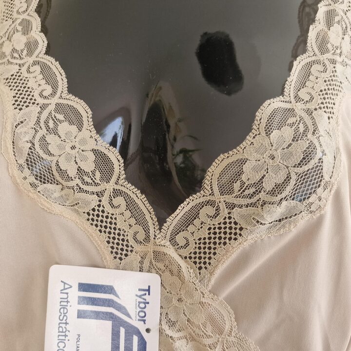 Vintage Slip Dress Undergarment Marie Claire 1980s Beige Polyamide Anti Static Lace Trim Spain Talla 6 Large L XL