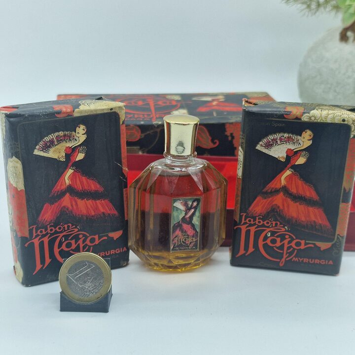 Vintage Myrurgia Maja Parfum en Zeep Set, Verzameling met Cologne 30 ml en Twee Zepen 90 g, Spanje Jaren 1970