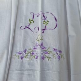 ヴィンテージ コットン ベッドカバーセット モノグラム入りシーツと枕カバー ラベンダー手刺繍 花柄 2点セット 1950年代