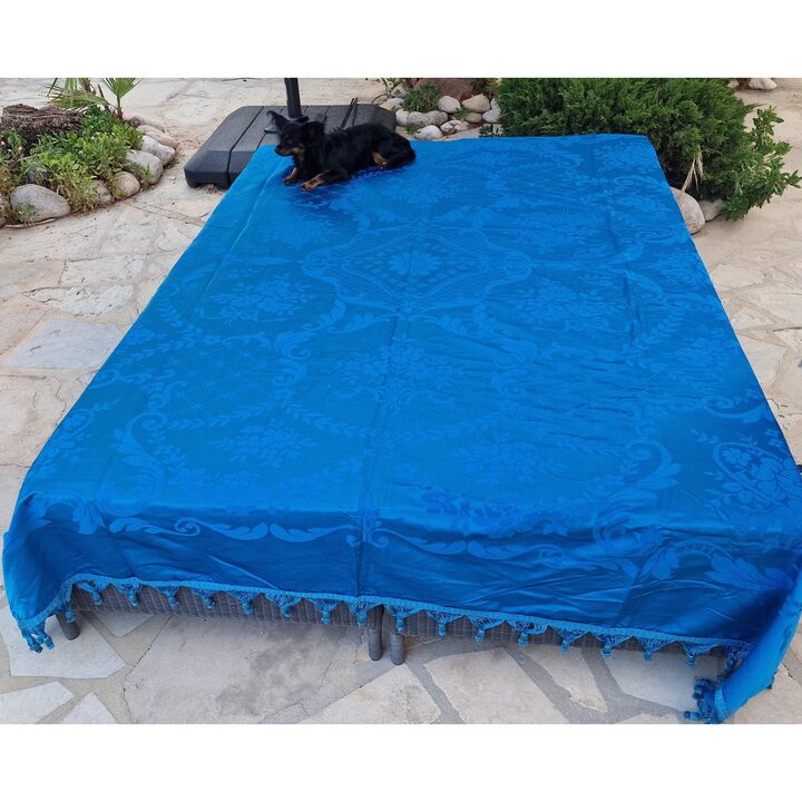 ヴィンテージ ジャカード ベッドスプレッド ブルー ダマスク 絹 レーヨン カバー 220x240 cm 未使用 デッドストック 20世紀前半