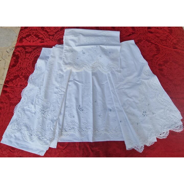 Conjunto de Lencol e Fronha de Algodao Vintage, Renda de Croche e Bordado de Monograma, Decada de 1960