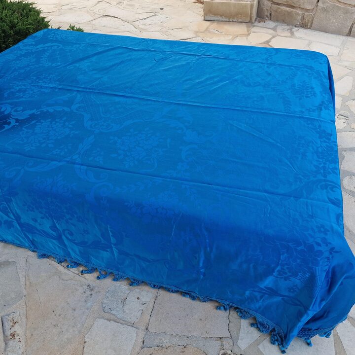 Vintage Jacquard Tagesdecke, Blaue Damast Seide Viskose Decke, 220x240 cm, Unbenutztes Textil, Erste Hälfte 20 Jahrhundert