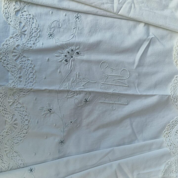 Parure de Lit Vintage en Coton, Drap et Taie de Traversin avec Dentelle au Crochet et Broderie de Monogramme, Annees 1960