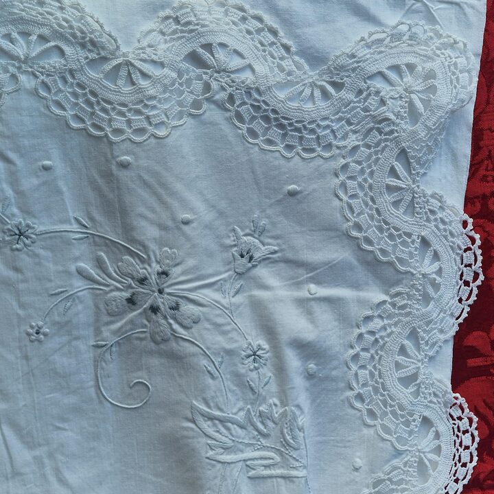 Conjunto de Lencol e Fronha de Algodao Vintage, Renda de Croche e Bordado de Monograma, Decada de 1960