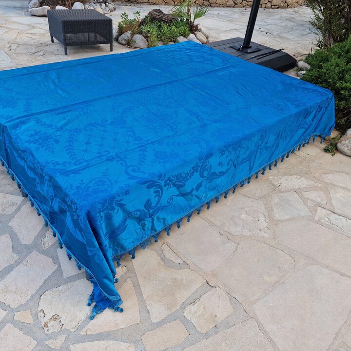 Vintage Jacquard Bedspread Coverlet, Blue Damask Silk Viscose Throw, 220x240 cm, Unused Deadstock Textile, First Half 20th Cent…