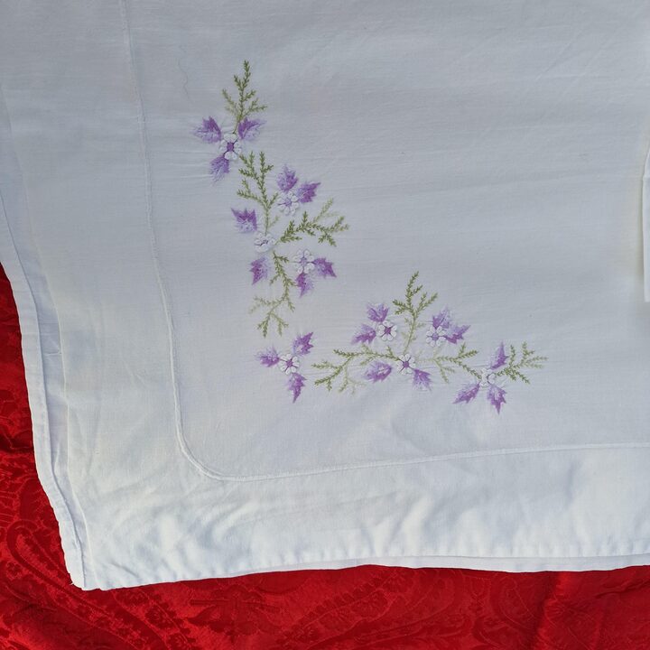 Vintage Baumwolle Bettwäsche Set Monogramm Laken und Kissenbezug Lavendel Handstickerei Aussteuer Bettwäsche 2Teilig 1950er