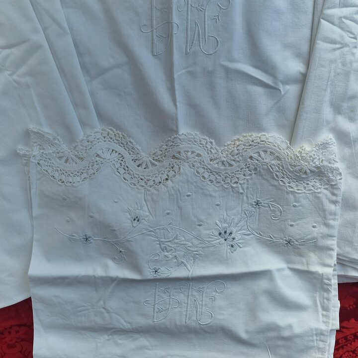 Parure de Lit Vintage en Coton, Drap et Taie de Traversin avec Dentelle au Crochet et Broderie de Monogramme, Annees 1960