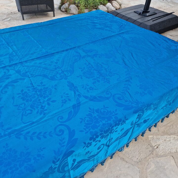 ヴィンテージ ジャカード ベッドスプレッド ブルー ダマスク 絹 レーヨン カバー 220x240 cm 未使用 デッドストック 20世紀前半