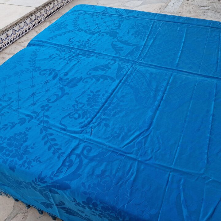 ヴィンテージ ジャカード ベッドスプレッド ブルー ダマスク 絹 レーヨン カバー 220x240 cm 未使用 デッドストック 20世紀前半