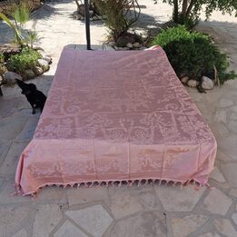 Vintage Rosa Damast Tagesdecke, Mid-Century Seide und Viskose Jacquard Bettüberwurf mit Quasten 220x240 cm, 1950er Aussteuer Un…