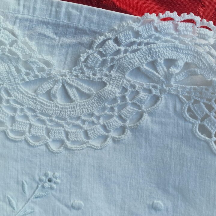 Parure de Lit Vintage en Coton, Drap et Taie de Traversin avec Dentelle au Crochet et Broderie de Monogramme, Annees 1960