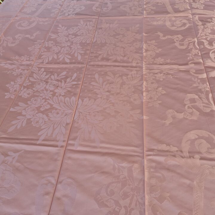 Vintage Rosa Damast Tagesdecke, Mid-Century Seide und Viskose Jacquard Bettüberwurf mit Quasten 220x240 cm, 1950er Aussteuer Un…