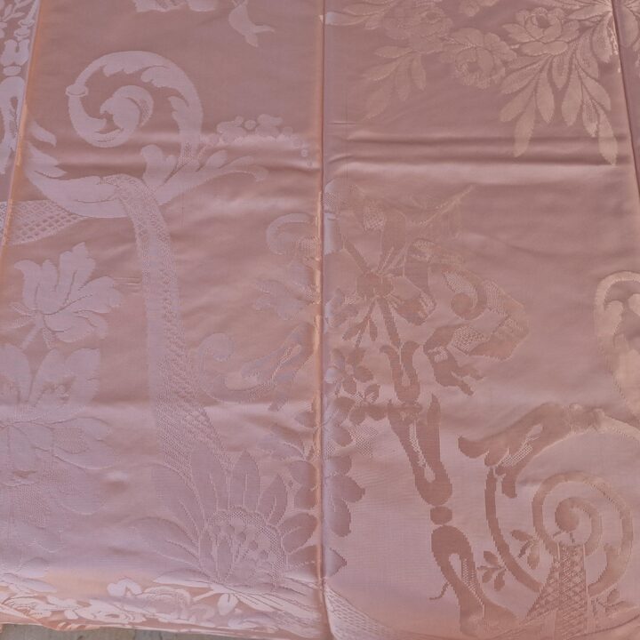 Vintage Rosa Damast Tagesdecke, Mid-Century Seide und Viskose Jacquard Bettüberwurf mit Quasten 220x240 cm, 1950er Aussteuer Un…