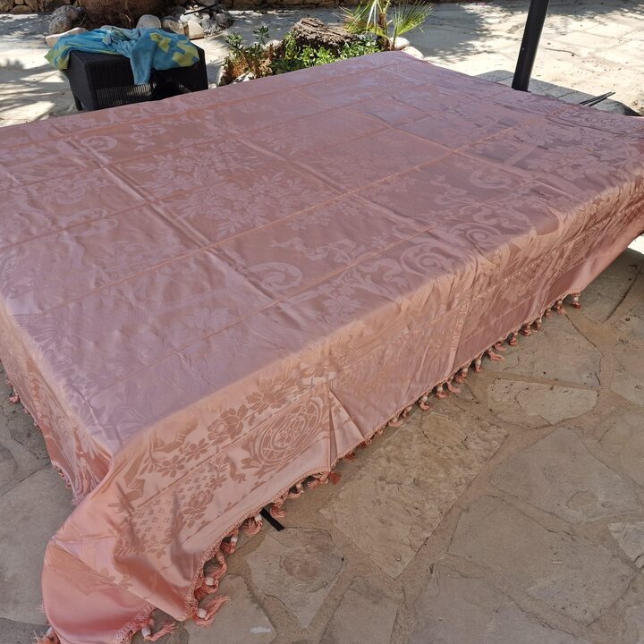 Vintage Rosa Damast Tagesdecke, Mid-Century Seide und Viskose Jacquard Bettüberwurf mit Quasten 220x240 cm, 1950er Aussteuer Un…