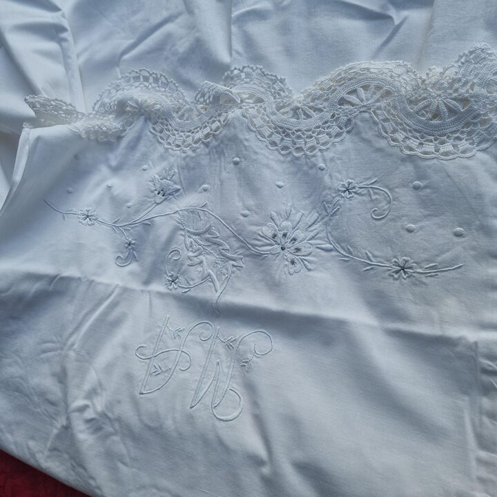 Parure de Lit Vintage en Coton, Drap et Taie de Traversin avec Dentelle au Crochet et Broderie de Monogramme, Annees 1960