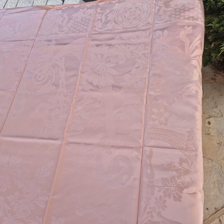 Vintage Rosa Damast Tagesdecke, Mid-Century Seide und Viskose Jacquard Bettüberwurf mit Quasten 220x240 cm, 1950er Aussteuer Un…