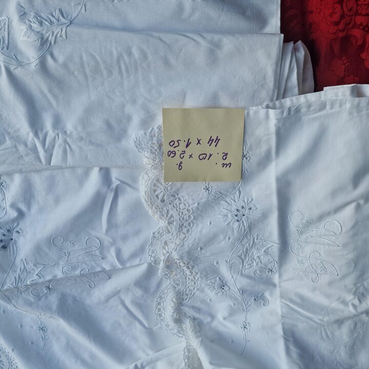 Parure de Lit Vintage en Coton, Drap et Taie de Traversin avec Dentelle au Crochet et Broderie de Monogramme, Annees 1960