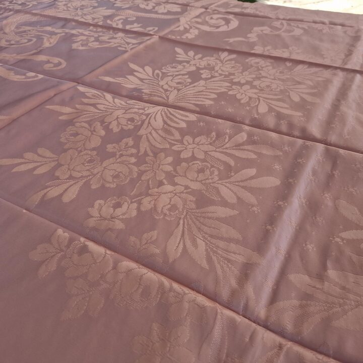 Vintage Rosa Damast Tagesdecke, Mid-Century Seide und Viskose Jacquard Bettüberwurf mit Quasten 220x240 cm, 1950er Aussteuer Un…