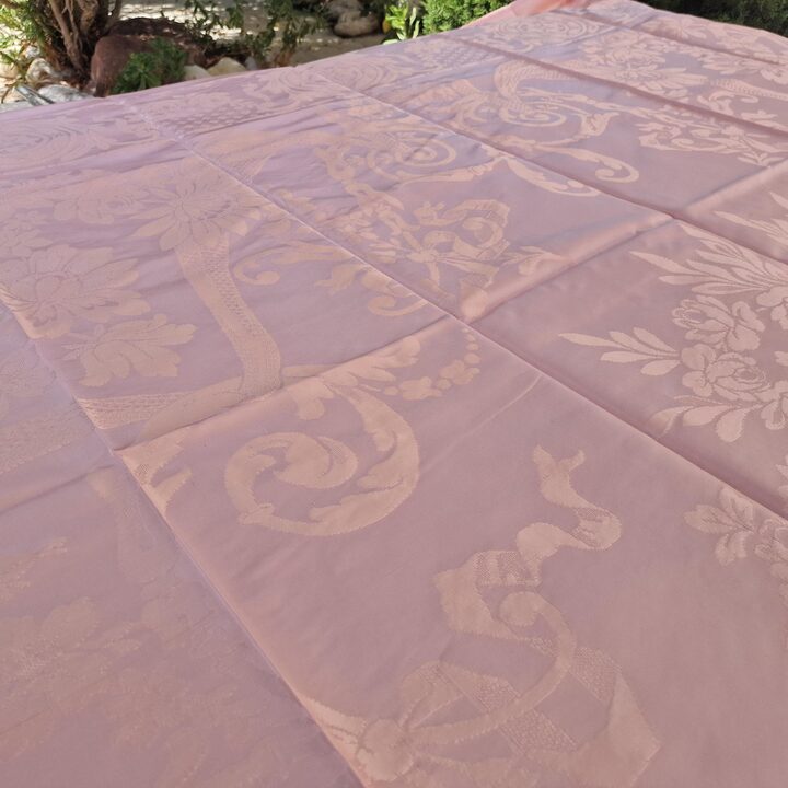 Vintage Rosa Damast Tagesdecke, Mid-Century Seide und Viskose Jacquard Bettüberwurf mit Quasten 220x240 cm, 1950er Aussteuer Un…