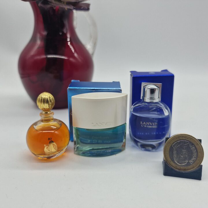 Set van 3 Miniatuur Parfums, Lanvin Geurcollectie Arpege, Oxygene en L'Homme met Doosjes, Jaren 1990, Uitstekende Staat