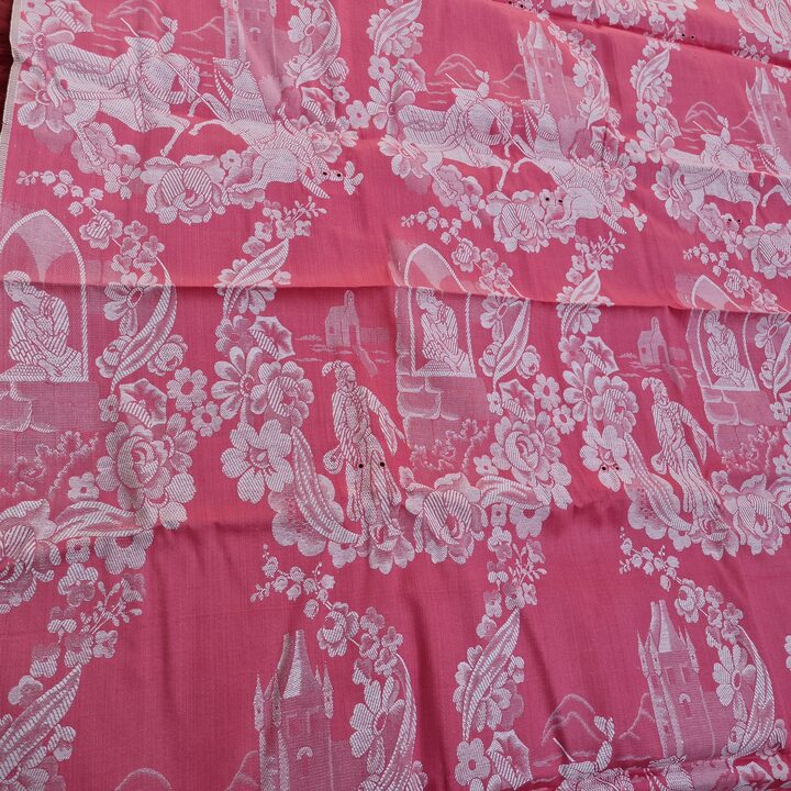 Tessuto Jacquard Spagnolo Vintage, Damasco Rosa Motivo Castello Medievale, 440x140 cm, Materiale Tappezzeria Coprimaterasso Ann…