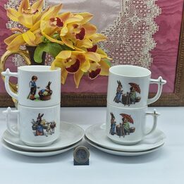Zestaw Filiżanek i Talerzyków Eamag Bavaria z Porcelany, Vintage Niemiecki Serwis Dziecięcy z Zającami i Skrzatami, Wielkanoc 1…