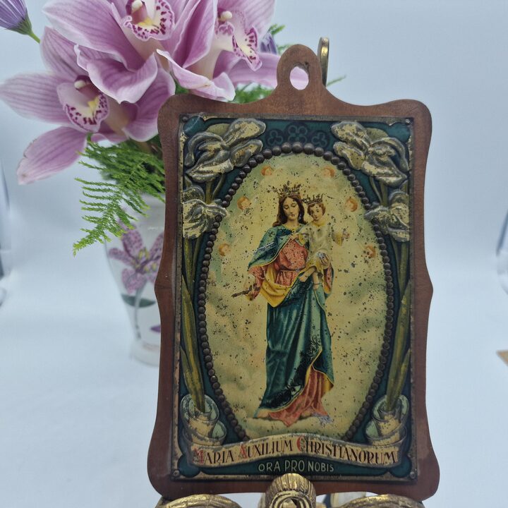 Antyczna Plakieta Religijna Art Nouveau - Maria Auxilium Christianorum - Litografia na Blasze i Drewnie - Barcelona 1910