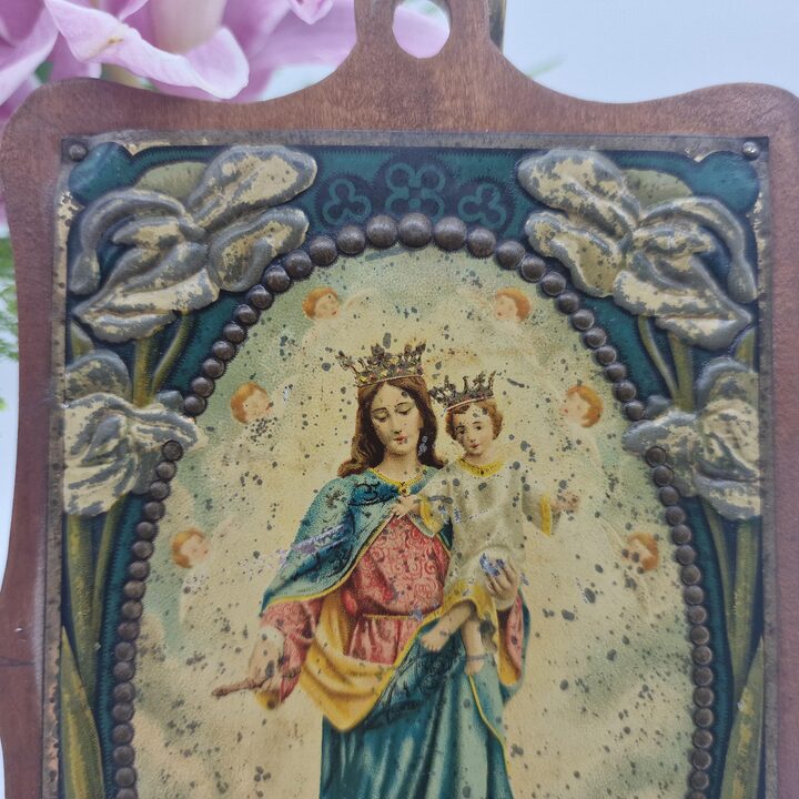 Antyczna Plakieta Religijna Art Nouveau - Maria Auxilium Christianorum - Litografia na Blasze i Drewnie - Barcelona 1910