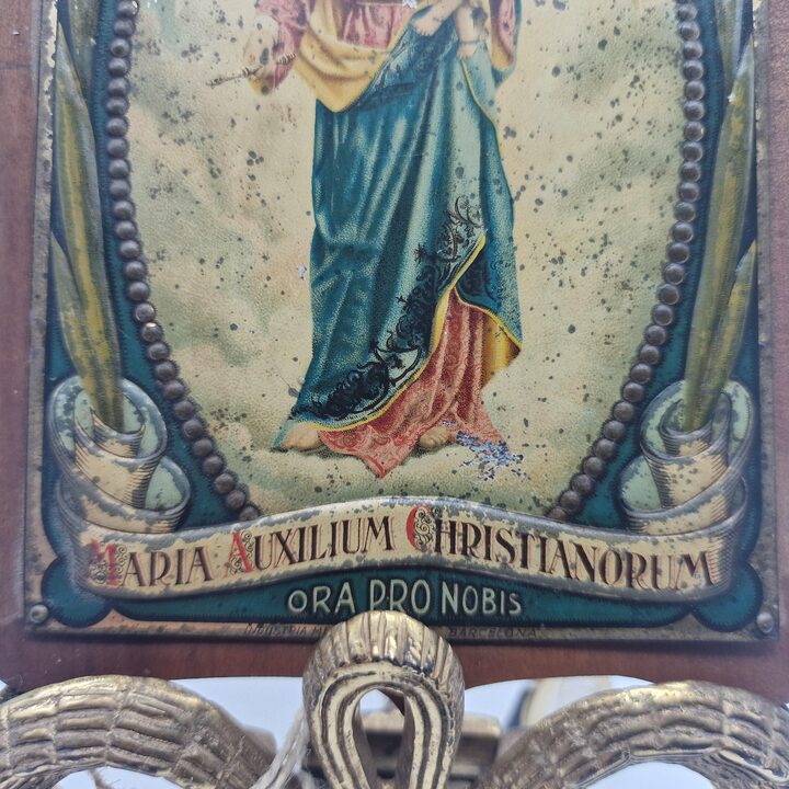 Antyczna Plakieta Religijna Art Nouveau - Maria Auxilium Christianorum - Litografia na Blasze i Drewnie - Barcelona 1910