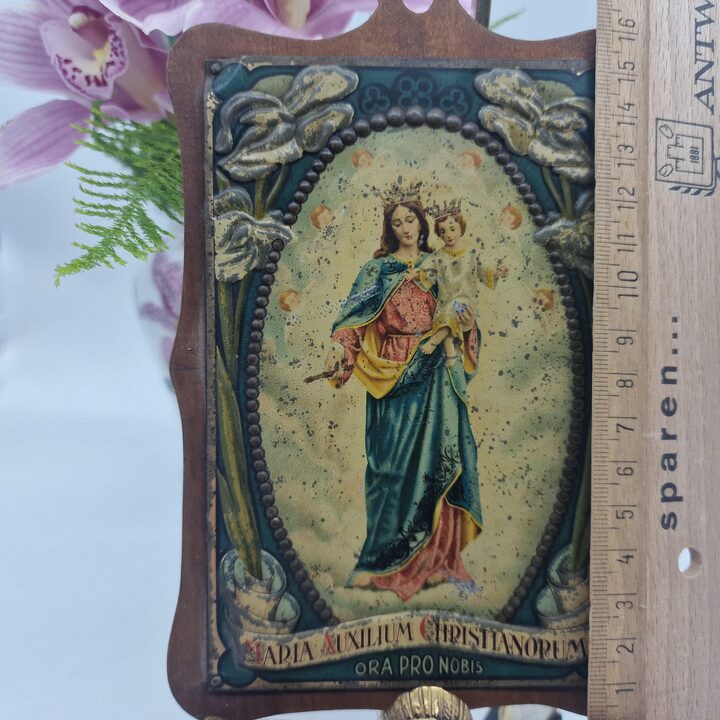 Antica Targa Religiosa Art Nouveau - Maria Auxilium Christianorum - Litografia su Latta e Legno - Barcellona 1910