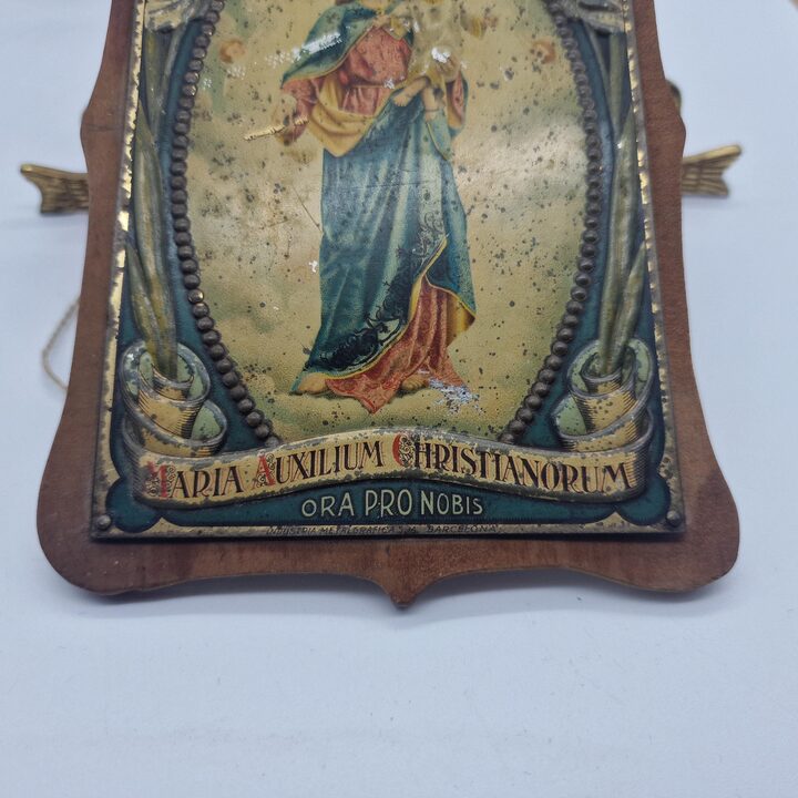 Antyczna Plakieta Religijna Art Nouveau - Maria Auxilium Christianorum - Litografia na Blasze i Drewnie - Barcelona 1910