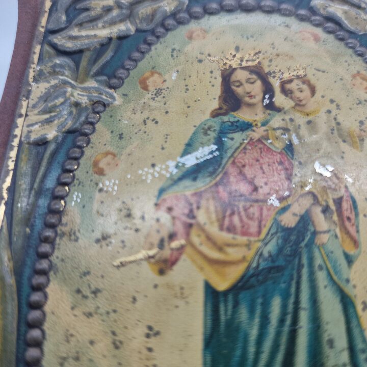 Antyczna Plakieta Religijna Art Nouveau - Maria Auxilium Christianorum - Litografia na Blasze i Drewnie - Barcelona 1910