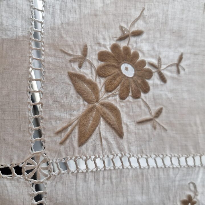 Antiek Handgeborduurd Linnen Set Richelieu Kant Monogram HM