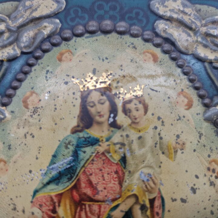 Antyczna Plakieta Religijna Art Nouveau - Maria Auxilium Christianorum - Litografia na Blasze i Drewnie - Barcelona 1910