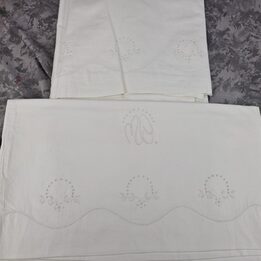 Vintage 1960s White Cotton Bedding Set Monogrammed Sheet and Pillowcase Embroidered Scalloped Edges