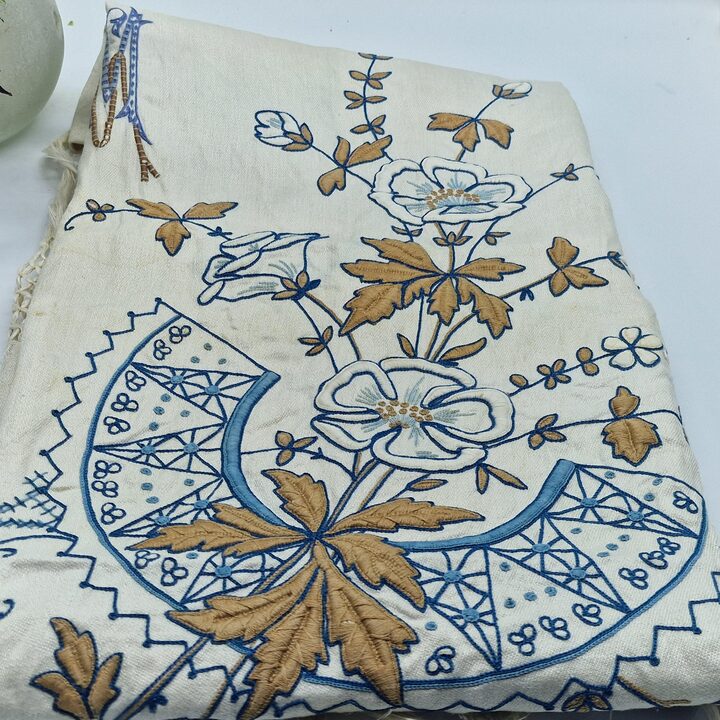 This is a luxurious towel Antique Hand-Embroidered Linen Runner Early 20th C Monogram M