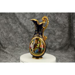 Waza porcelanowa kobaltowa z pokrywką w stylu Limoges, sygnowana T. Mor, scena galancka, klasyczna dekoracja francuska, 32 cm