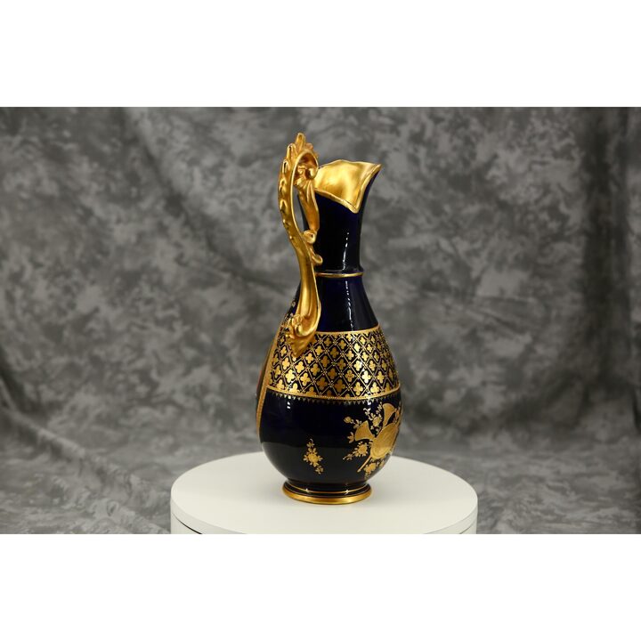 Vase en porcelaine bleu cobalt style Limoges avec couvercle, signé T. Mor, scène galante, décoration classique française, 32 cm