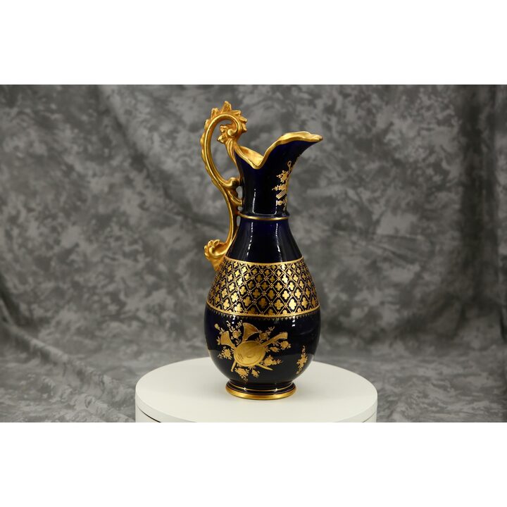 Vaso de porcelana azul cobalto estilo Limoges com tampa, assinado T. Mor, cena galante, decoração clássica francesa, 32 cm