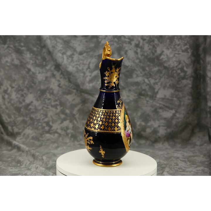 コバルトブルー 磁器製 蓋付き 花瓶 リモージュ風 T. Mor 署名 雅宴画 フランス クラシック デコレーション 32 cm