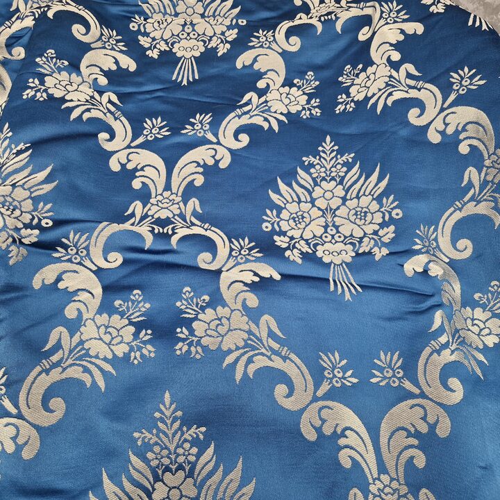 Tecido de Damasco Valência Azul e Prata com Lurex e Fibras Naturais