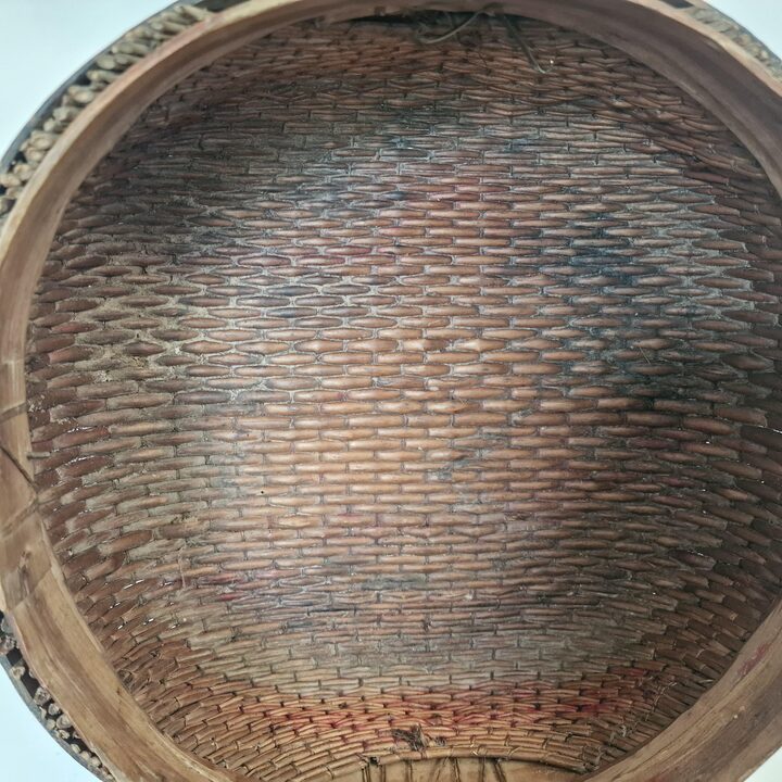 Vintage Chinese Bamboo Basket 1950s, Hand-Woven Storage Box with Lid and Painted Decoration