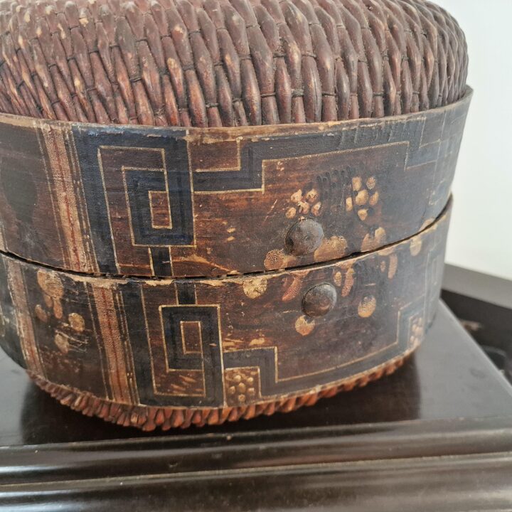 Vintage Chinese Bamboo Basket 1950s, Hand-Woven Storage Box with Lid and Painted Decoration