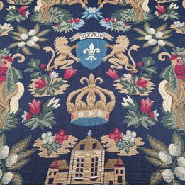 French Heraldic Wall Tapestry, Mille-Fleurs Design with Lions and Fleur-de-Lis, Medieval Revival Jacquard, 140x100 cm, 1970s