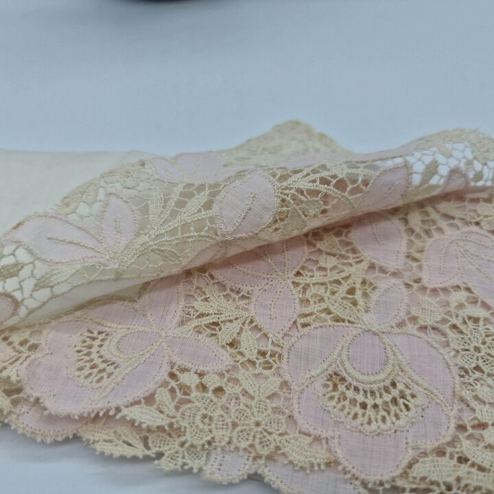 Vintage Style Cotton Handkerchief - Wide Pink & Beige Lace Border - 35x35cm - Romantic Wedding Hankie - New / Unused - Floral L…